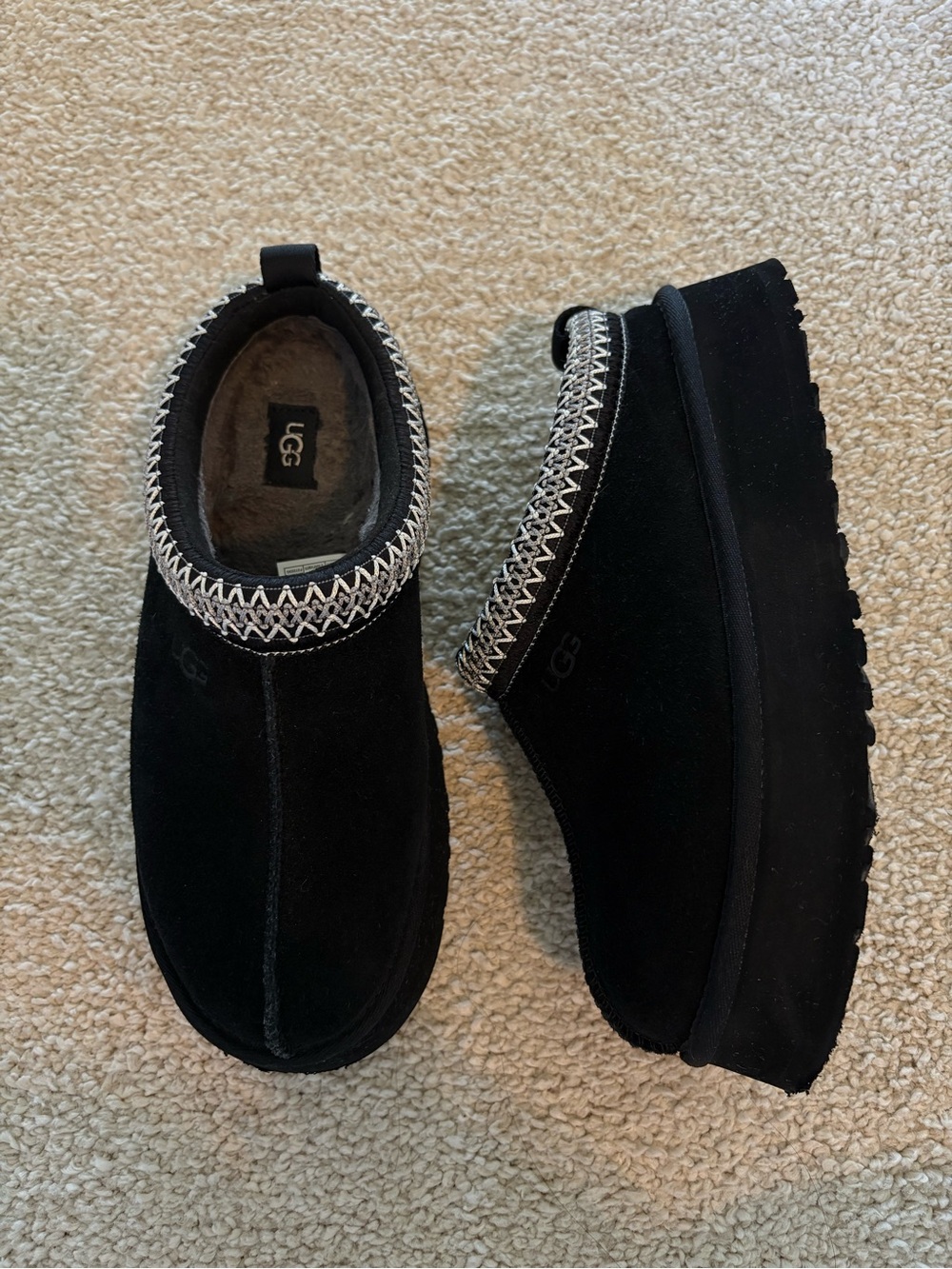 UGG black platform tazz slip ons